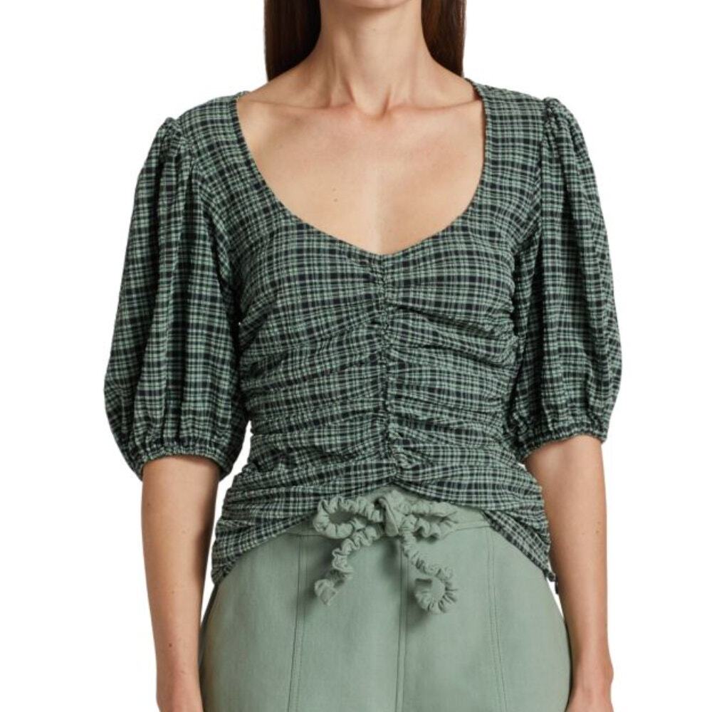 Ganni Green Plaid Blouse